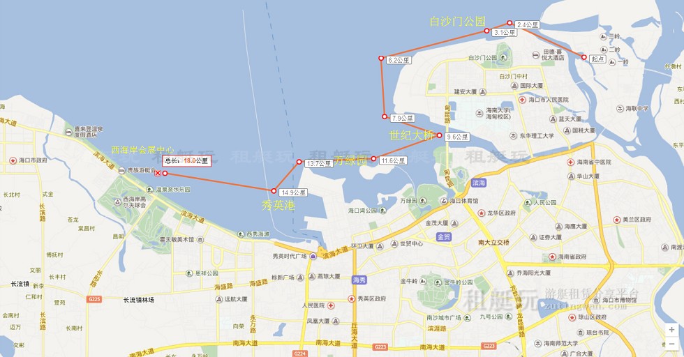 新埠島國際游艇碼頭→白沙門公園→世紀大橋→萬綠園→秀英港→西海岸會展中心 新埠島國際游艇碼頭→白沙門公園→世紀大橋→萬綠園→秀英港→西海岸會展中心